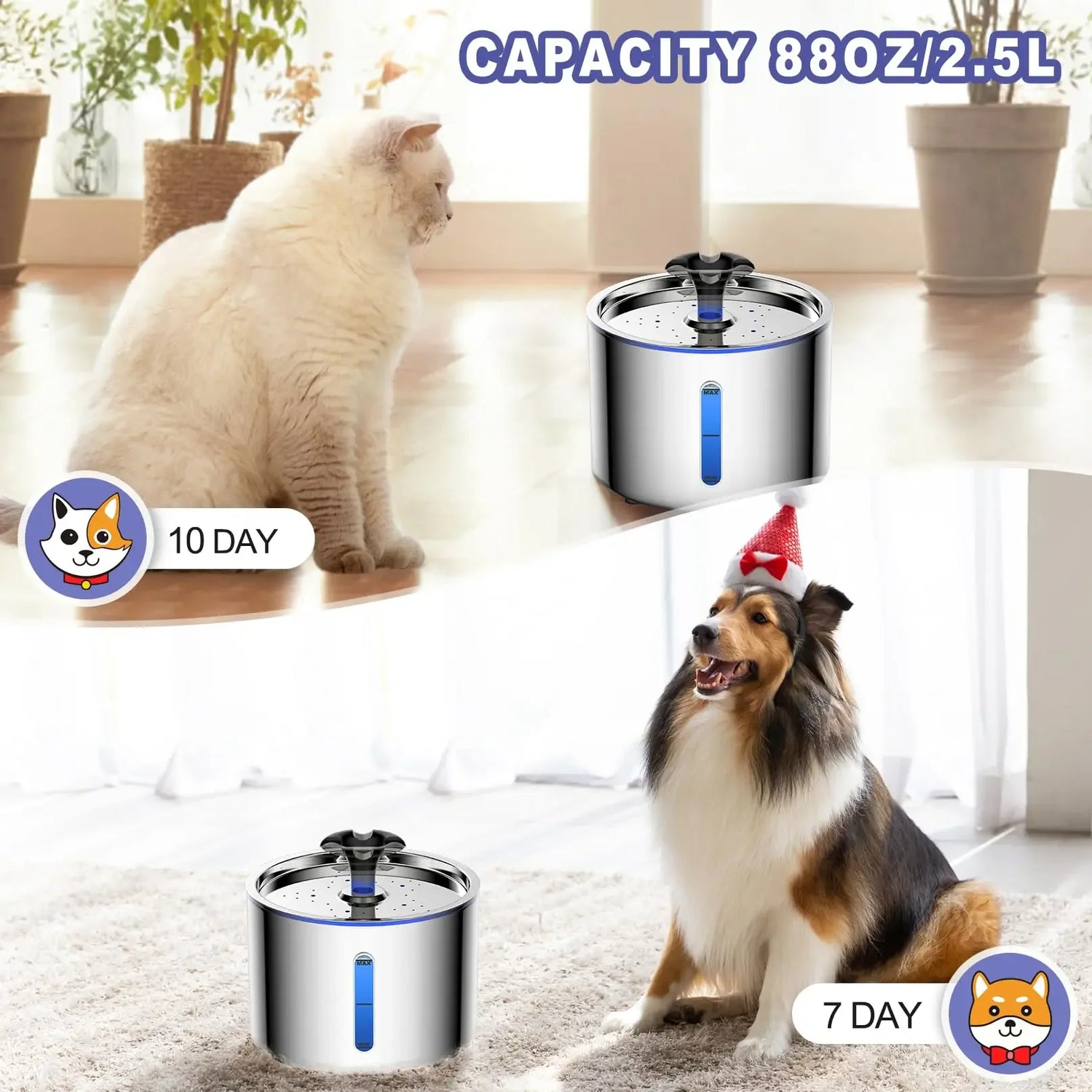 2.5L Automatic Pet Water Fountain with LED Light, Visible Window & Non-Slip, Cat and Dog Multi-Filtration Water Dispenser
