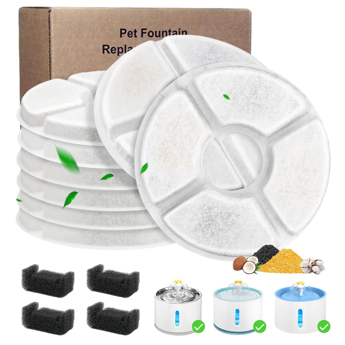 Cat Water Fountain Filter Replacement,Round Carbon Filters Set for 2.4L Top Automatic Pet Fountain Multiple Filtration System